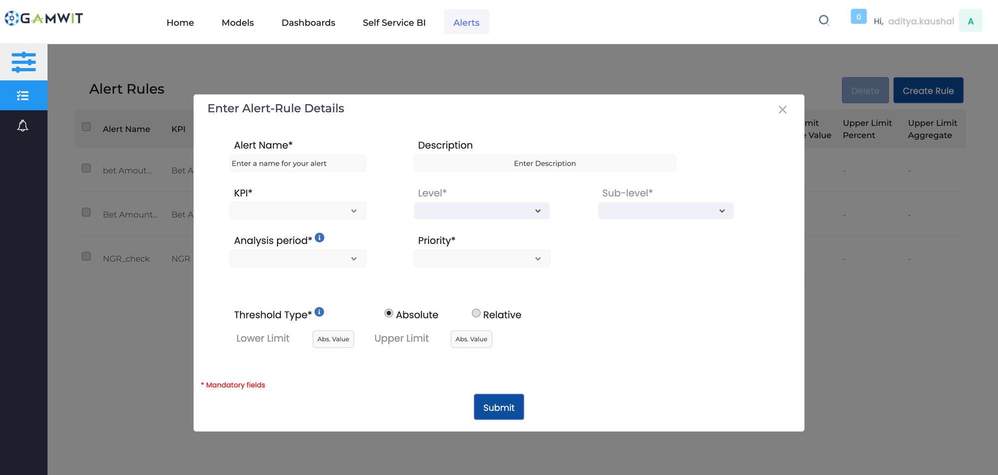GAMWIT Create Rule form with fields for alert name, description, KPI, level, sub-level, analysis period, priority, threshold type and lower and upper limits